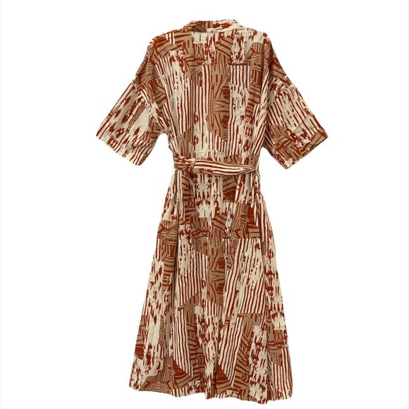 J. Brooks Boutique Robe Kimono Full Length Rust & Cream Tie Belt Split Sides - Picture 2 of 14